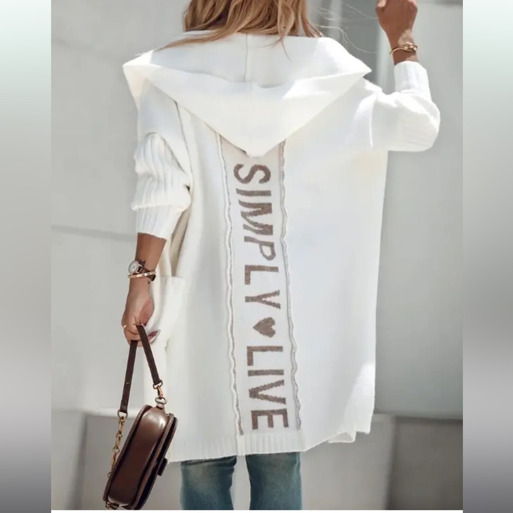 White Hooded Cardigan Coat with Tan Accents “Simply Live” - Sz L